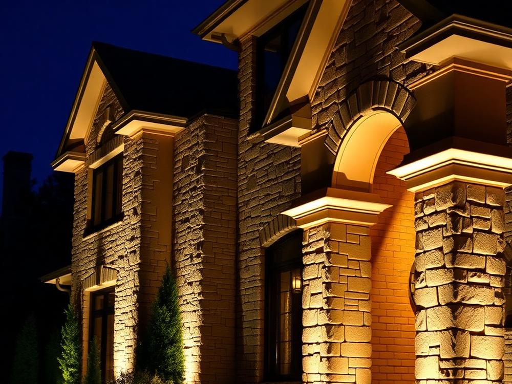 Commercial-style building facade with warm architectural lighting