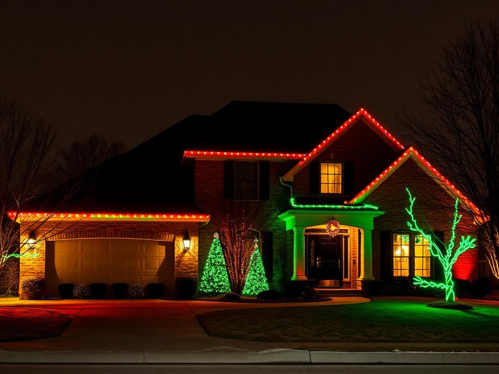 Home with red and green holiday lighting