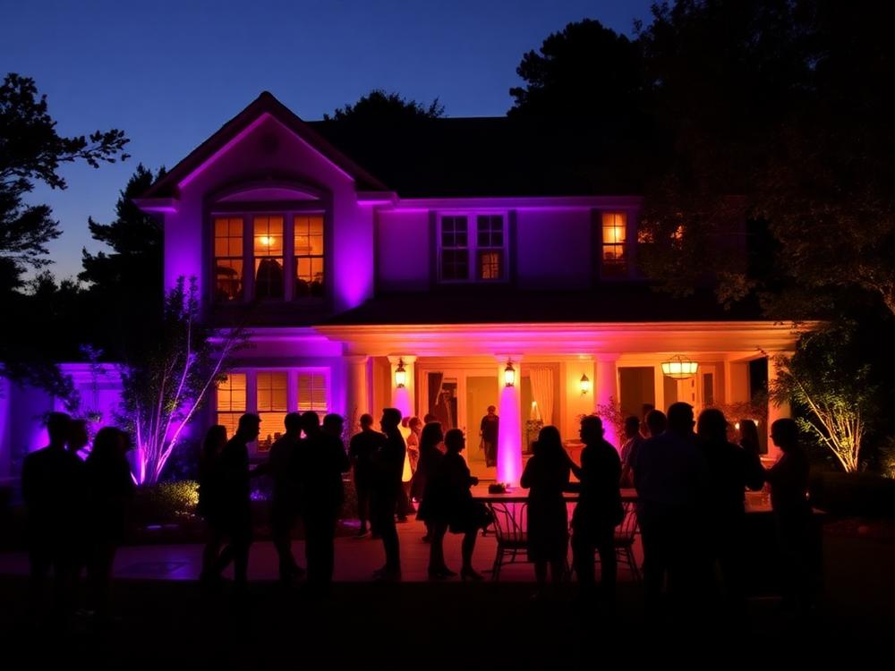 Home with colorful party lighting and guests outside