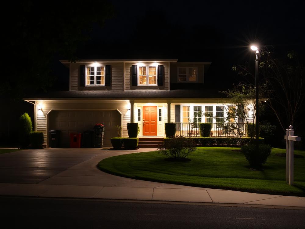 Brightly lit home exterior at night